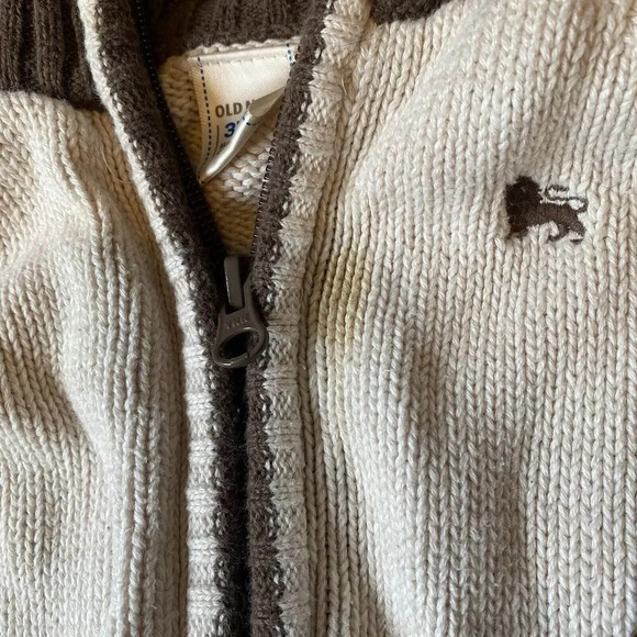 VTG Old Navy Toddler Unisex Knit Sweater Ivory Brown Sz 3T Full Zip Pocket Punk - Picture 8 of 9